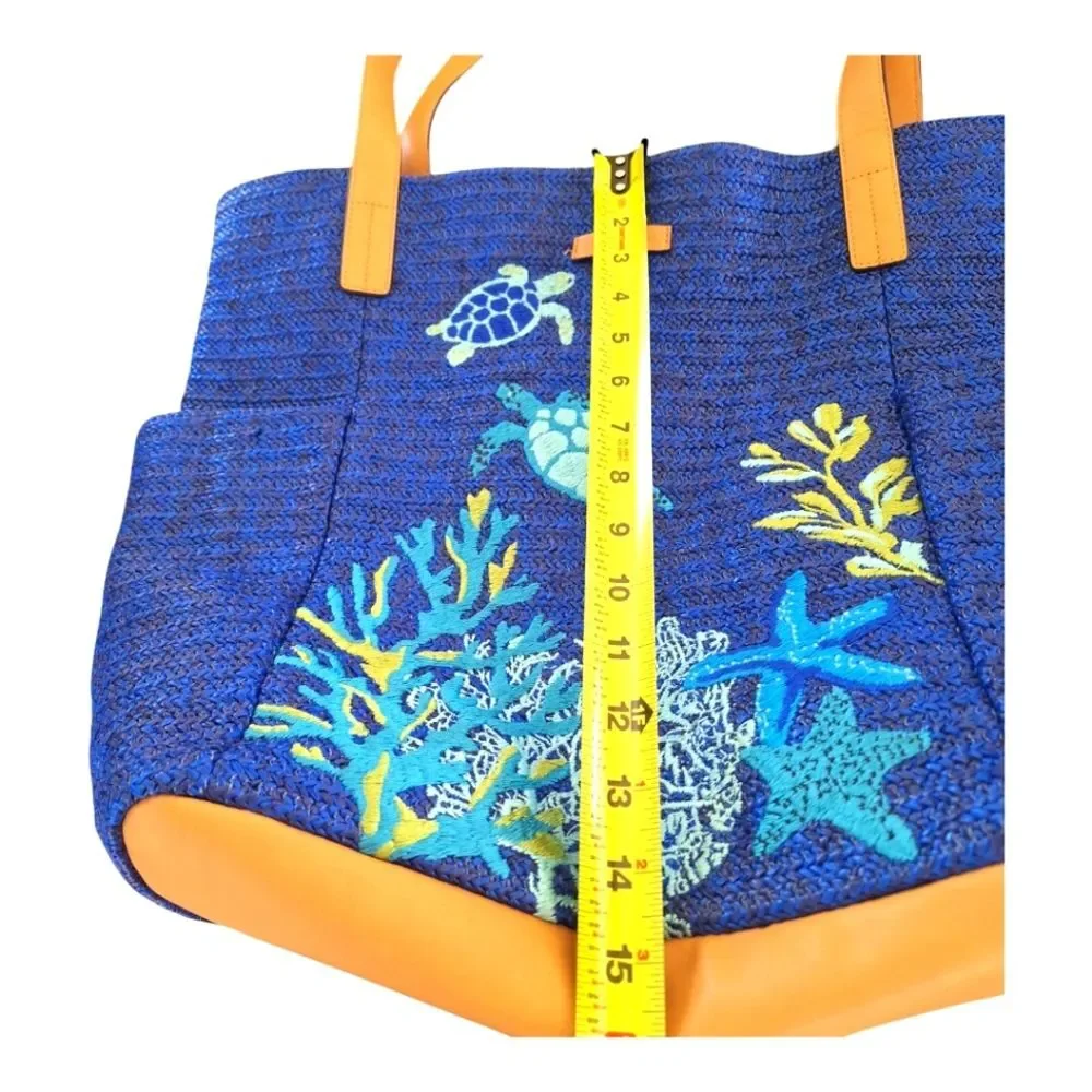 Vera Bradley Large Bag North South Straw Tote Blue Lyst Beach Bag Embroidered - Picture 5 of 15